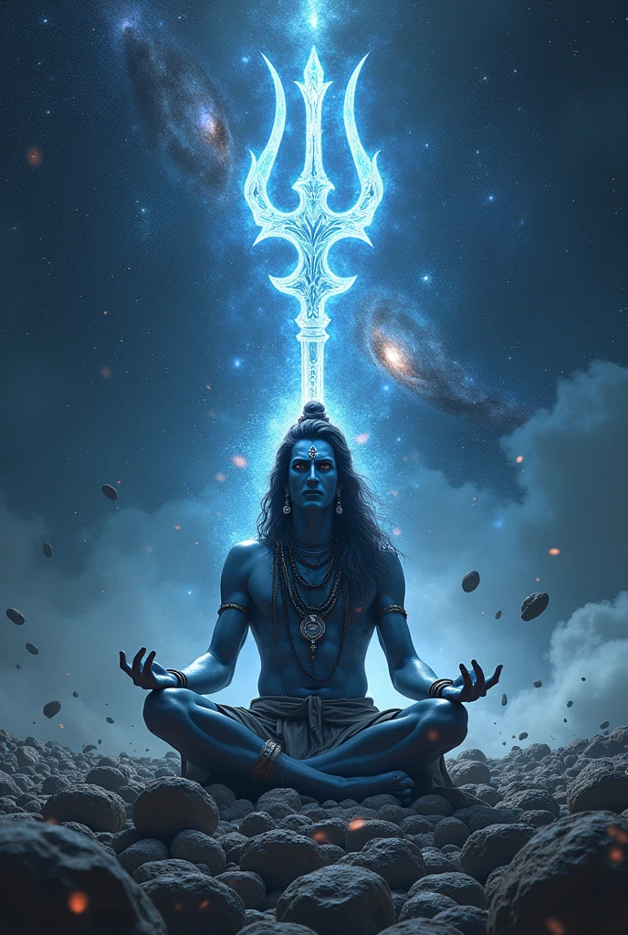 Creat image of hindu god mahadev sitting at travel lot of small meteorite behind with big trident made of dark matter light in space and at behind dark matter also in behind distroy galaxy