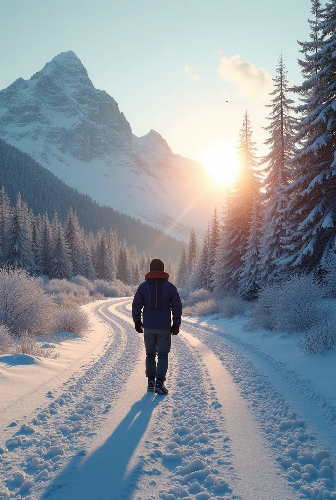 Want to creat a video which is 'A men walking in a snow road at day time.sun is rising between two mountains behind the road.