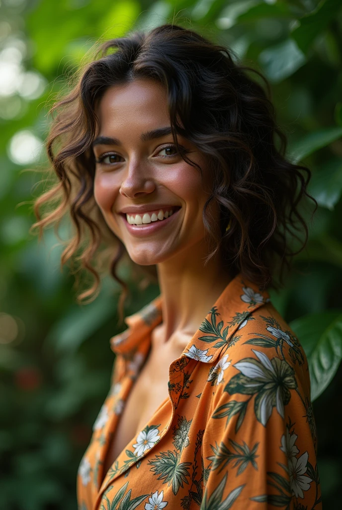 A Brazilian woman in a lush tropical garden, wearing an open shirt with a floral print, with a close-up capturing the harmonious beauty between her breasts and the natural flowers, showing off your natural charm and outgoing personality.