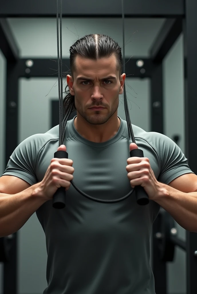(photorealism:1.2), man in grey shirt, short hair on the side, Long hair, seeds, with a split in the middle and backwards, doing chest pulley exercise, with downward inclination, in gym, looking forward.