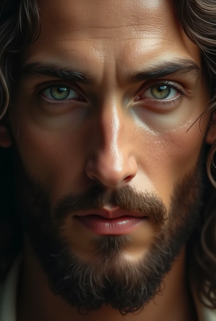 Jesus staring at you with beautiful light colored eyes
