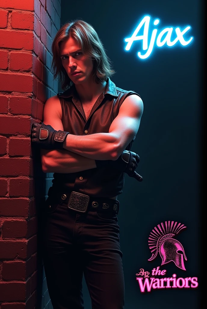 film The Warriors 1979 Stylized poster featuring a man (James Remar) leaning against a red brick wall. The man has white skin, shoulder-length hair and a dark gigachad face with a serious expression. He is wearing a sleeveless brown leather vest, classic retro black genuine leather gloves, middle finger gloves, a black belt with a large buckle and dark pants. His arms are crossed with his foot resting on the wall. The background is a dark blue to black gradient, transitioning into the red brick wall. The word 'AJAX' is displayed in bright blue neon letters in the top right corner. In the bottom right corner, there is a two Spartan helmet logo with the text 'The Warriors' in graffiti style font.