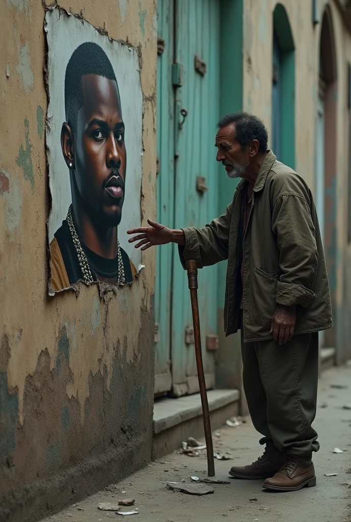 blind poor man with a stick trying to see a picture of the rapper future thats on a wall thats facing us
