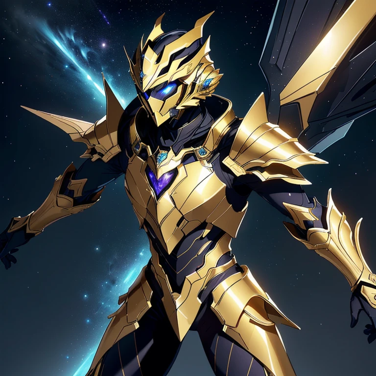 It's a man. The image presents a highly detailed and futuristic armor designed for a male warrior. The armor combines elements from different parts to create a cohesive and powerful look.
Helmet: The helmet features a sleek, aerodynamic design with a golden metallic finish. It has a central crest that rises upwards, and the visor glows with a bright blue light, giving it a high-tech, futuristic appearance.
Pauldrons (Shoulder Pads): The shoulder pads are large and wing-like, curving outward and upward, with a polished golden finish. These pads extend slightly beyond the shoulders and include a sleek, angular design, providing both a majestic and powerful look.
Chest Plate: The chest plate is intricately segmented, with a combination of gold and dark metallic blue. It has a gem-like crystal in the center that emits a soft, mystical glow. The design of the chest plate is both protective and regal, with sharp, angular lines that add to the overall futuristic aesthetic.
Arm Guards: The arm guards are sleek and streamlined, with articulated golden and purple segments that offer flexibility and protection. The design of the gauntlets is both robust and elegant, incorporating futuristic elements that blend with the classic style.
Leg Armor: The legs are armored with segmented plates that are primarily gold and purple. The boots are angular and sturdy, with a design that conveys both strength and agility. The overall look of the leg armor is grounded yet sleek, completing the ensemble with a powerful stance.
The background of the image is a dark cosmic scene, filled with distant stars and nebulae that highlight the polished surfaces of the armor. Dynamic lighting is used to emphasize the key features, particularly the glowing visor and central chest gem, reinforcing the mystical and imposing nature of the warrior.