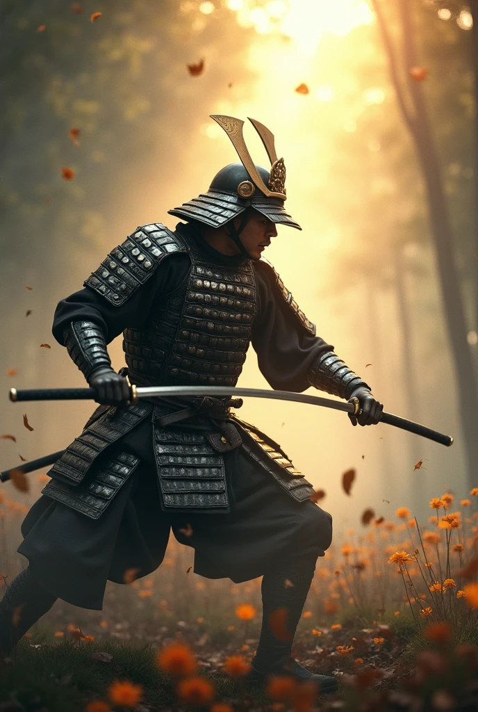 Samurai in Battle: A high-action image of a samurai warrior mid-swing with a katana, wearing traditional armour. The setting is a misty forest at dawn, with soft rays of sunlight breaking through the trees. The focus is on the intensity in the samurai’s eyes, with blurred motion effects capturing the speed of the attack.