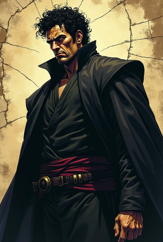 a brown-colored executioner, of tall stature, broadshouldered, black and curly hair complaining about something, with cracks manga art