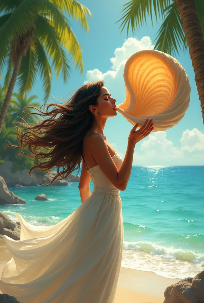 A woman blows a conch shell with her mouth 
