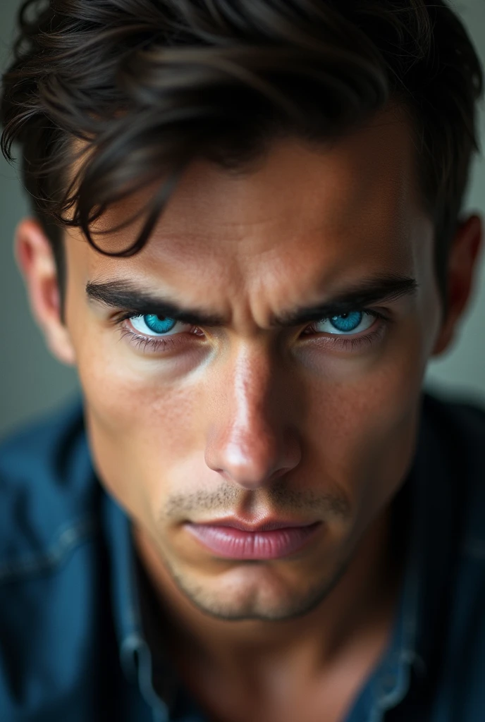 Close-up image of the very blue eyes of a dark brown-haired man, masculine,young