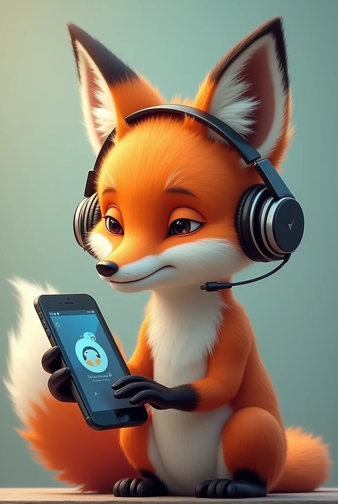 Fox with headphones is enjoying and looking at the phone 
