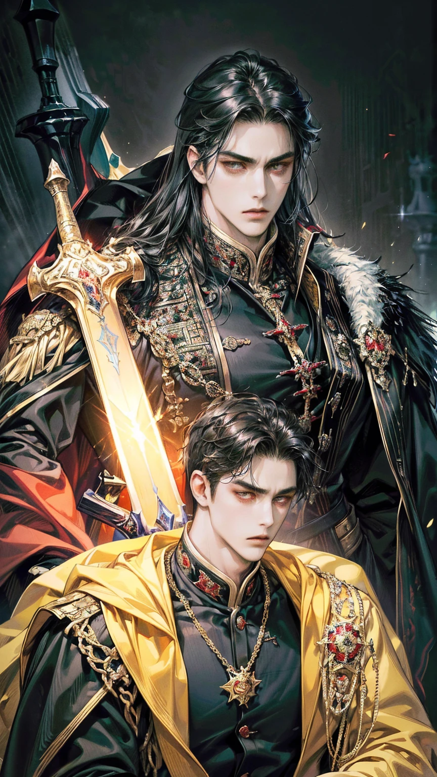 {(best quality, 8k, masterpiece, HDR, soft lighting, perfect image, digital illustration, manhwa art, hyper detailed image, perfect lines, realistic)} 1 very handsome man, long black hair that goes past shoulders, yellow eyes, black king clothing with red cape, intimidating, sword on hip, (imposing posture, cold expression), {(throne background)}