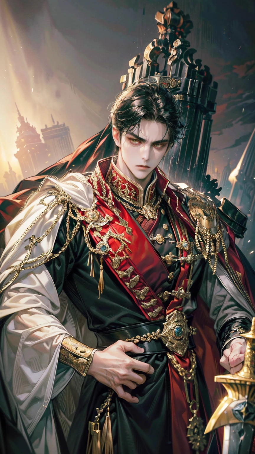 {(best quality, 8k, masterpiece, HDR, soft lighting, perfect image, digital illustration, manhwa art, hyper detailed image, perfect lines, realistic)} 1 very handsome man, long black hair that goes past shoulders, yellow eyes, black king clothing with red cape, intimidating, sword on hip, (imposing posture, cold expression), {(throne background)}