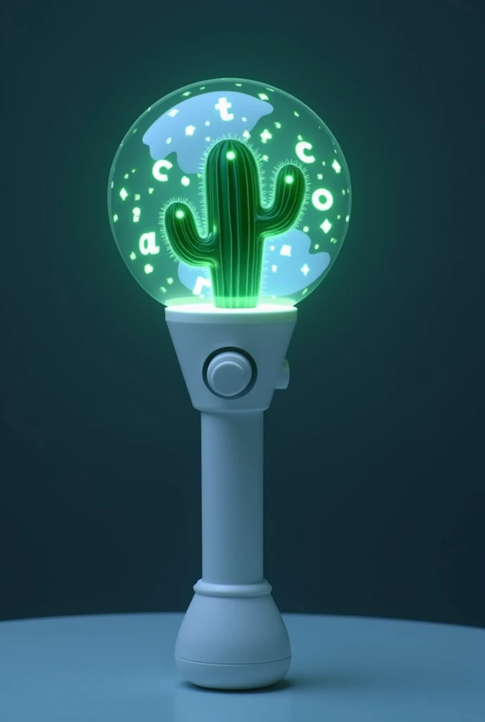 kpop lightstick. the stick is white. the size of stick is normal like other existed kpop lightstick about 18.5 cm height and 8cm width. it has a globe with cactus (dark green) in it. in that globe also have letter C,H,A,P,T,E,R and Z floating around the cactus and inside the globe. Only one for each letter.the cactus emits green colour. glow in the dark. full picture. no hand. at the stick has on or off button. only cactus and letter inside the globe. no grass or anything