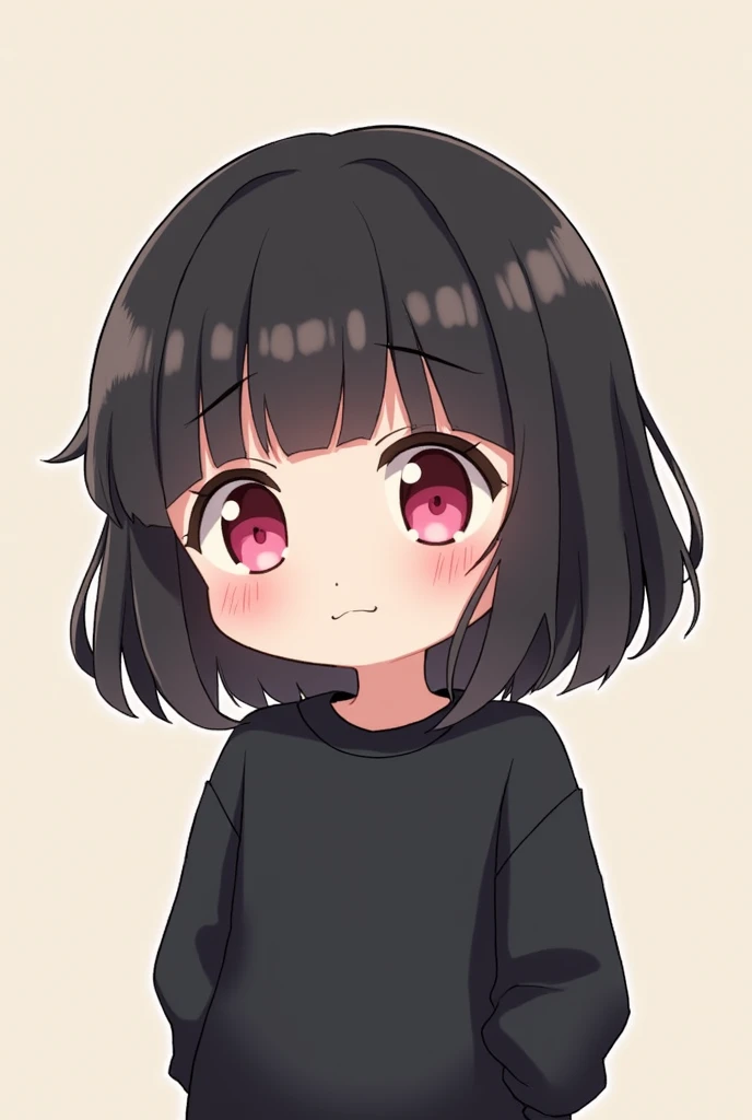 medium black hair girl with bangs, pink eyes and black sweatshirt, chibi style, confused