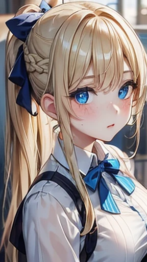 Blonde,Long ponytail,Very curled hair,,French braid through a ponytail,Blue ribbon,Bright blue eyes,freckles,Big Breasts,teenager,
