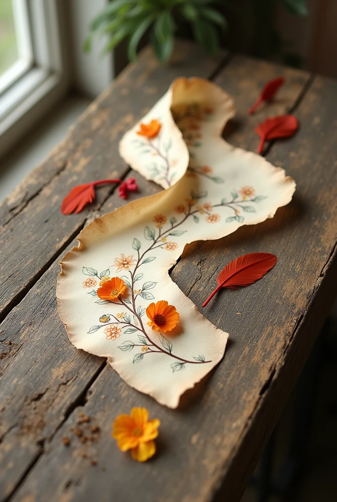 Thin ribbon with drawings of flowers and small red and yellow feathers all on top of a deteriorated wooden table