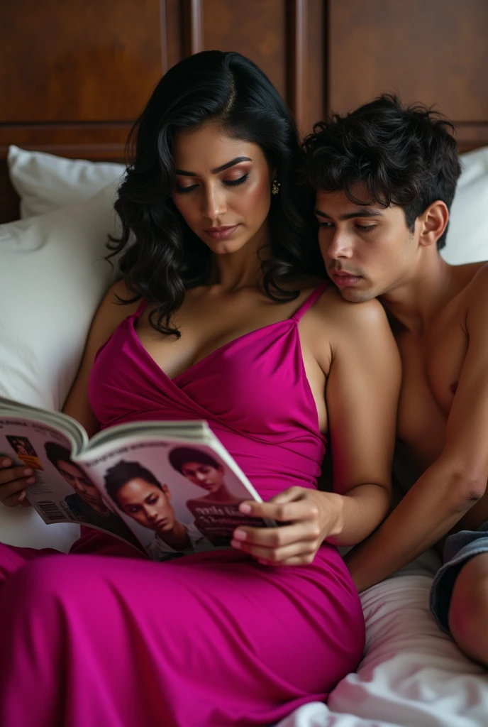 indian 40 year old woman wears tight pink colour gown, lying on bed, reading a magazine, and 18 year boy wears tshirt and short, lying alongside the woman on bed, hugged the woman and seeing the magazine.