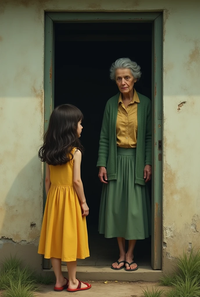 A girl wearing yellow sleeveless frock standing outside a house being ignored by a lady wearing green knitted cardigan standing inside the house with little opened door
