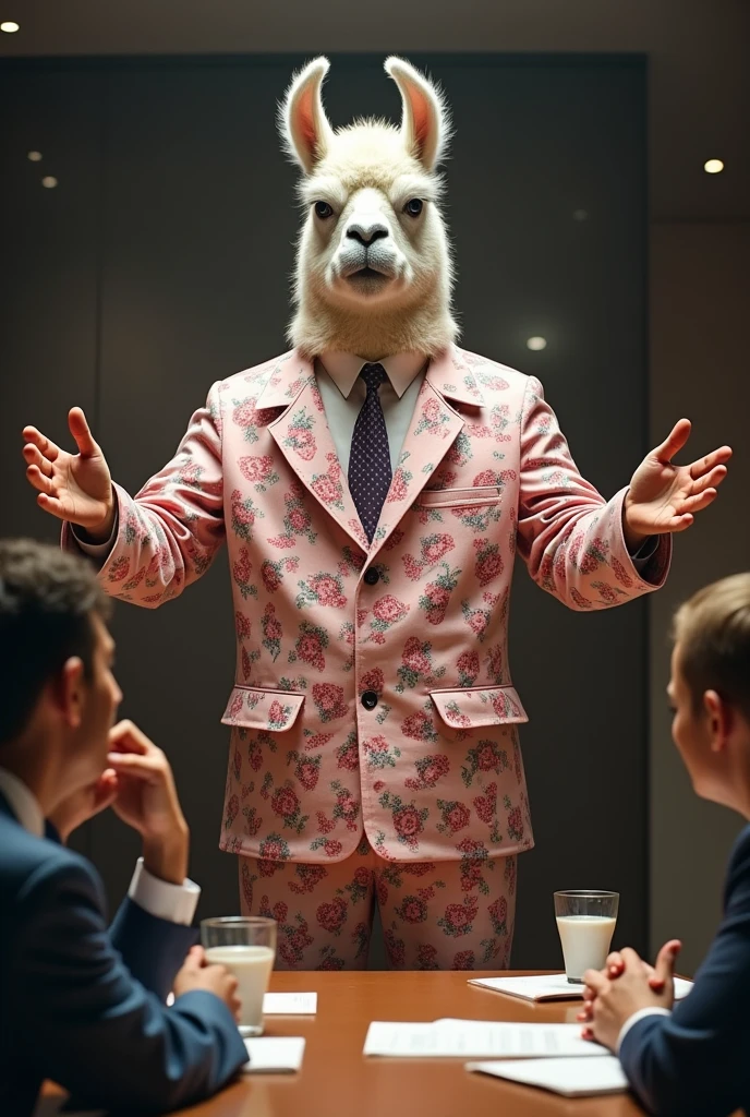 Business man that scare to all people that's why he wear a pajama Lamma and he can present his plan