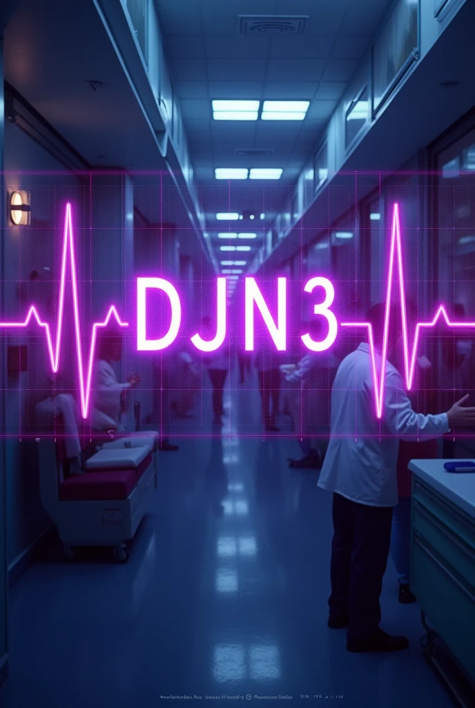 An ECG line of a heartbeat but Instead of the beat it shows the name “DJN3” in capital letters inside of the wave with a violett vibe and there’s much going on inside of a hospital