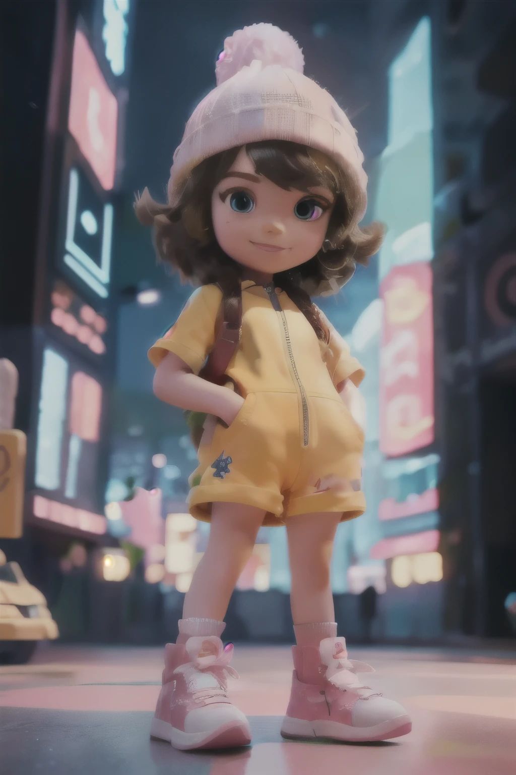 A teenage girl in a yellow short-sleeved jumpsuit with shorts, white sneakers, her hair((brown)) obscured by a pink beanie hat, in a casual pose standing on a sidewalk, claymation style, 3D rendering, detailed, high quality, photorealistic, cinematic lighting, vibrant colors, dynamic composition, illustration, painting, photo, poster, 3d render