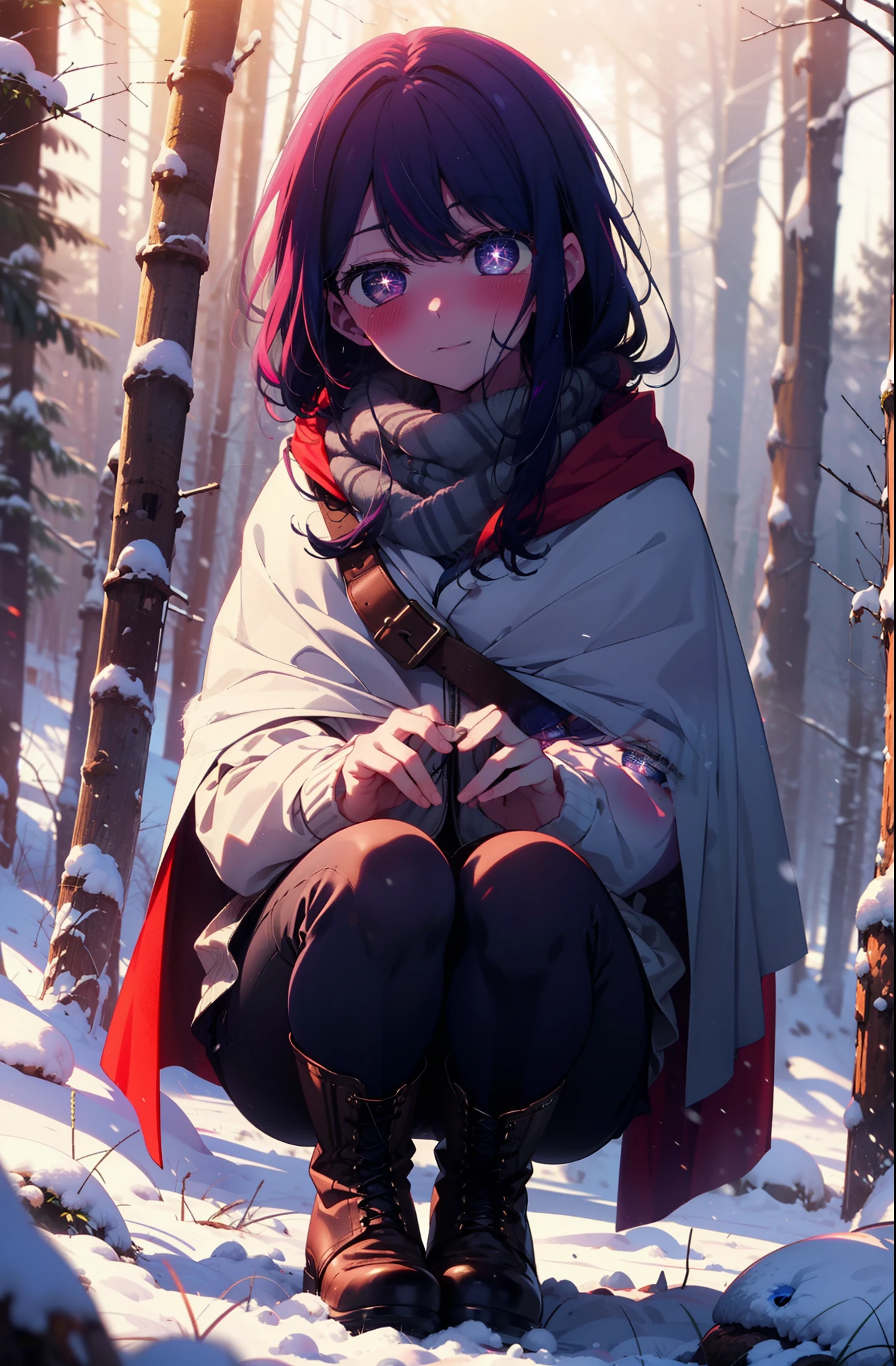 aihoshino, Ai Hoshino, Long Hair, bangs, (Purple eyes:1.1), Purple Hair, (Symbol-shaped pupil:1.5), smile,,smile,blush,white breath,
Open your mouth,snow,Ground bonfire, Outdoor, boots, snowing, From the side, wood, suitcase, Cape, Blurred, , forest, White handbag, nature,  Squat, Mouth closed, Cape, winter, Written boundary depth, Black shoes, red Cape break looking at viewer, Upper Body, whole body, break Outdoor, forest, nature, break (masterpiece:1.2), Highest quality, High resolution, unity 8k wallpaper, (shape:0.8), (Beautiful and beautiful eyes:1.6), Highly detailed face, Perfect lighting, Highly detailed CG, (Perfect hands, Perfect Anatomy),