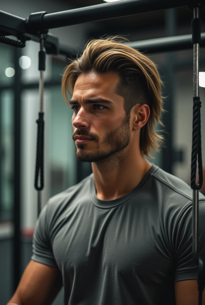 (photorealism:1.2), man in grey shirt, short hair on the side, Long hair, seeds, with a split in the middle and backwards, doing chest pulley exercise, with downward inclination, in gym, looking forward.