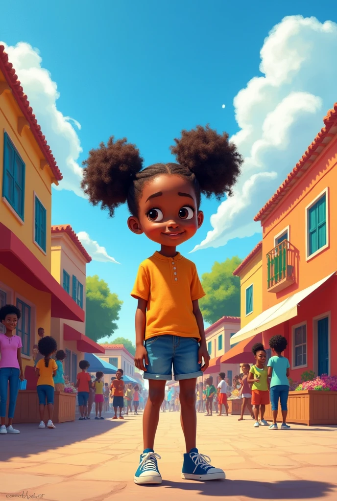 Bella's Voice
Page 1:
What do you use your voice for? Did you hear about the girl who changed everything with her voice?

Illustration 1 Description: Bella, an African American  with 2 afro puff ponytail, stands in a vibrant town square. She looks at the reader with a curious and inviting expression. The town square is lively, filled with colorful buildings, bustling market stalls, and diverse people. The sky is clear and blue, with fluffy white clouds. Bella in father hand

