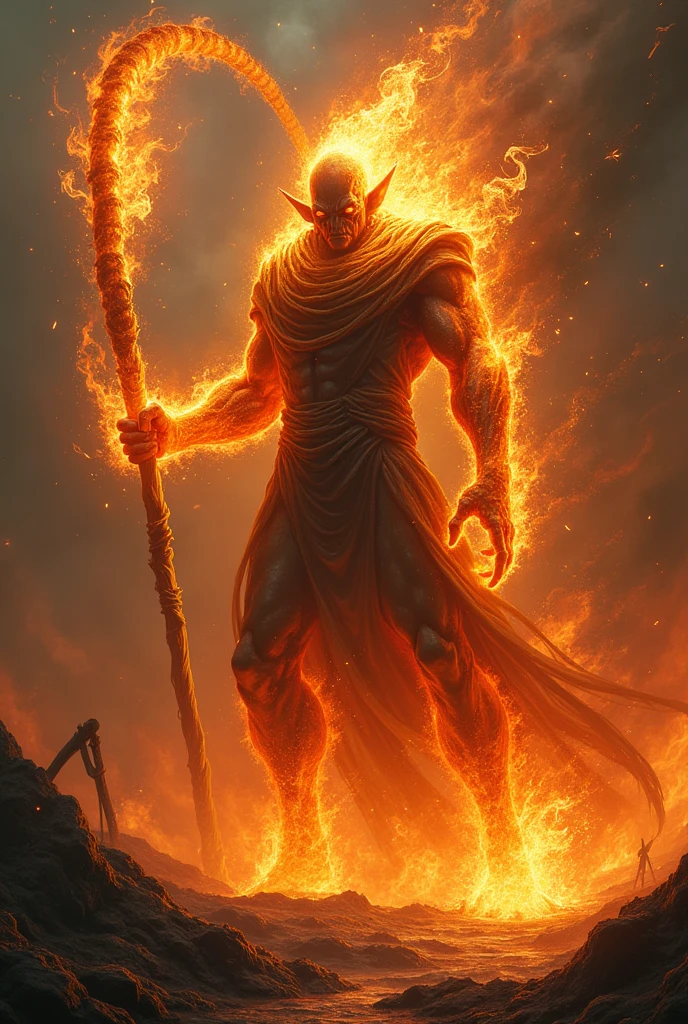 Humanoid figure covered in fire and shadow. Brandishes a whip of fire