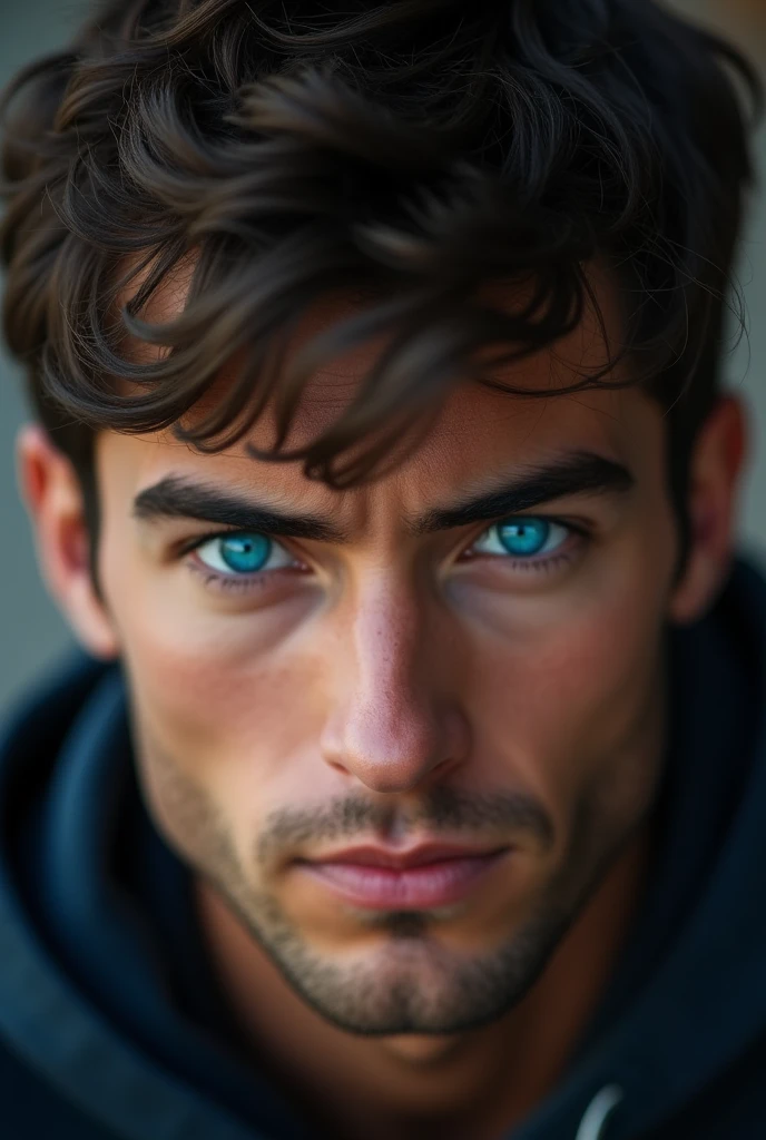 Close-up image of the very blue eyes of a dark brown-haired man, masculine,young