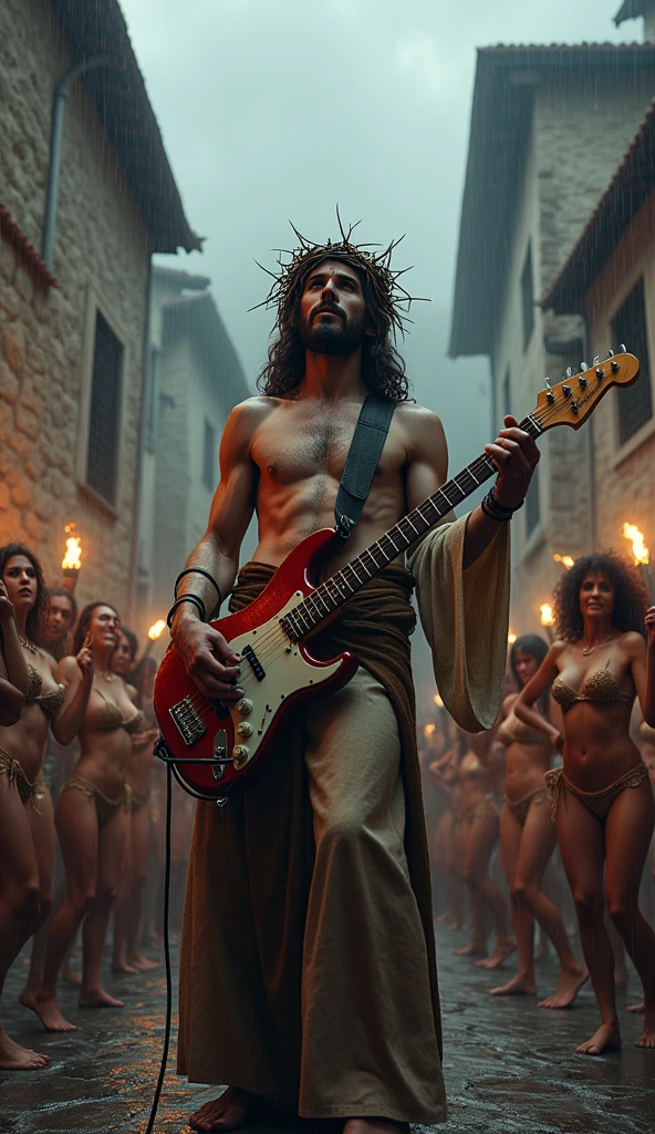 Jesus with the crown of thorns as a guitarist at a heavy metal concert , playing among people in a stone courtyard in a medieval village . Rainy weather. The fans are dancing and chanting. All around scantily clad women pole dancing