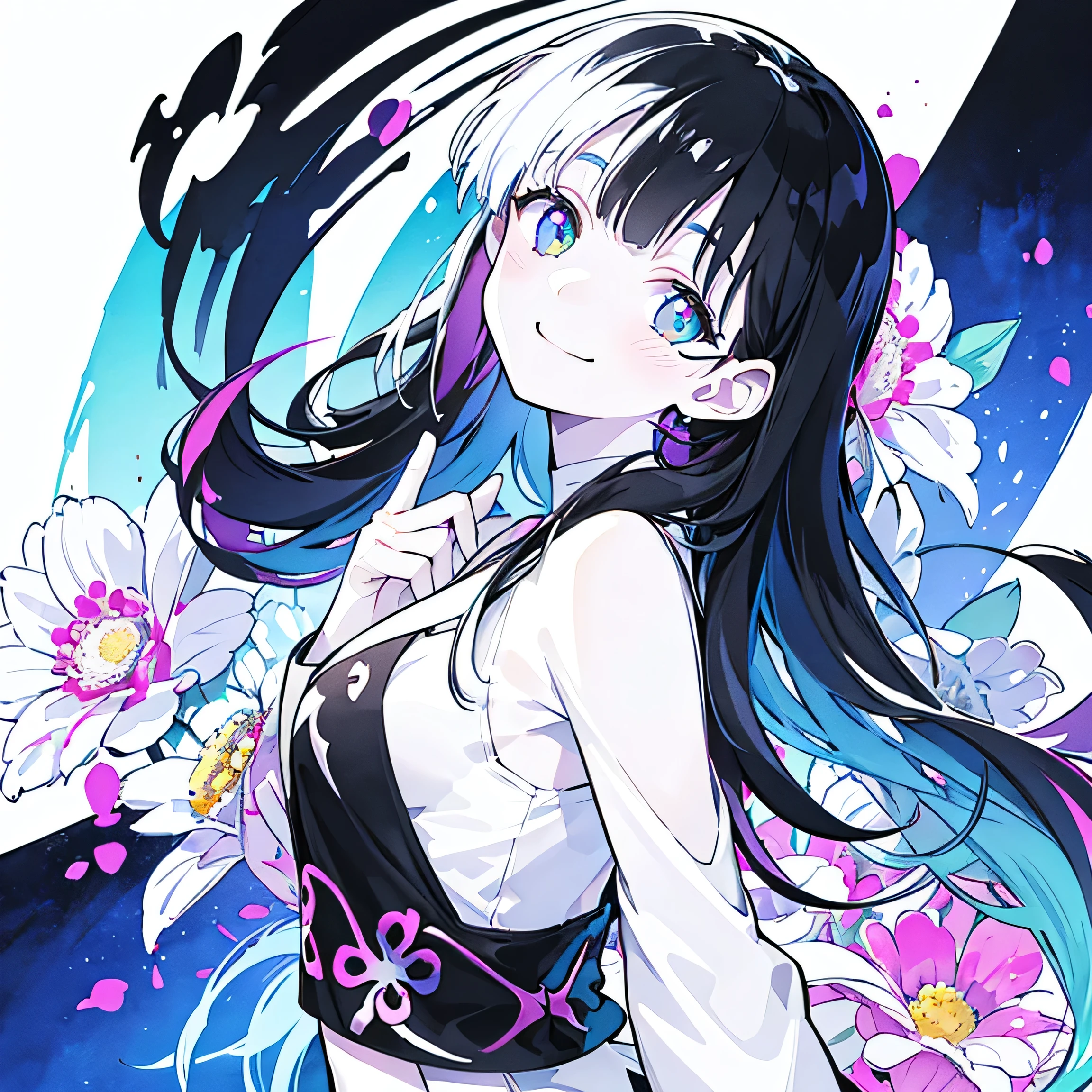 (Very bright:1.1), White Background, [1 person:7], (Tilt your head:1.2),smile、 ([sketch|watercolor \(Moderate\)]:1.15), (Inkblot:1.1), (pale:1.2), Vector Trace, Gradient Blending, look back、Bright colors,((colorful))、flower、 that&#39;wonderful, Very detailed, Complex, (Very low contrast:1.4)、My Favorite Child、Ai Hoshino