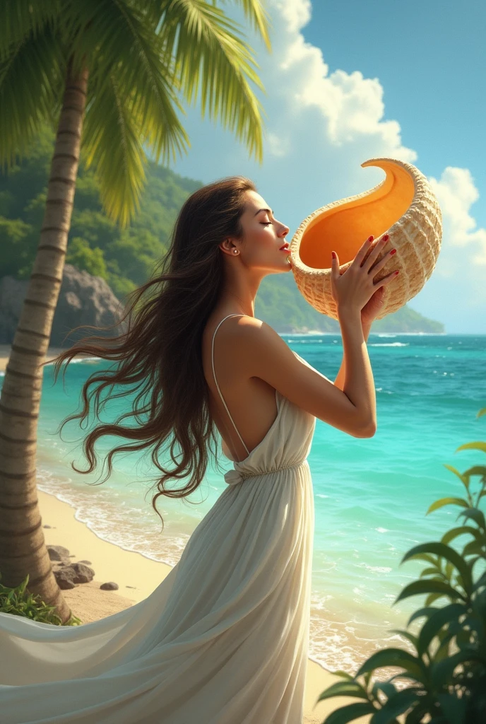 A woman blows a conch shell with her mouth