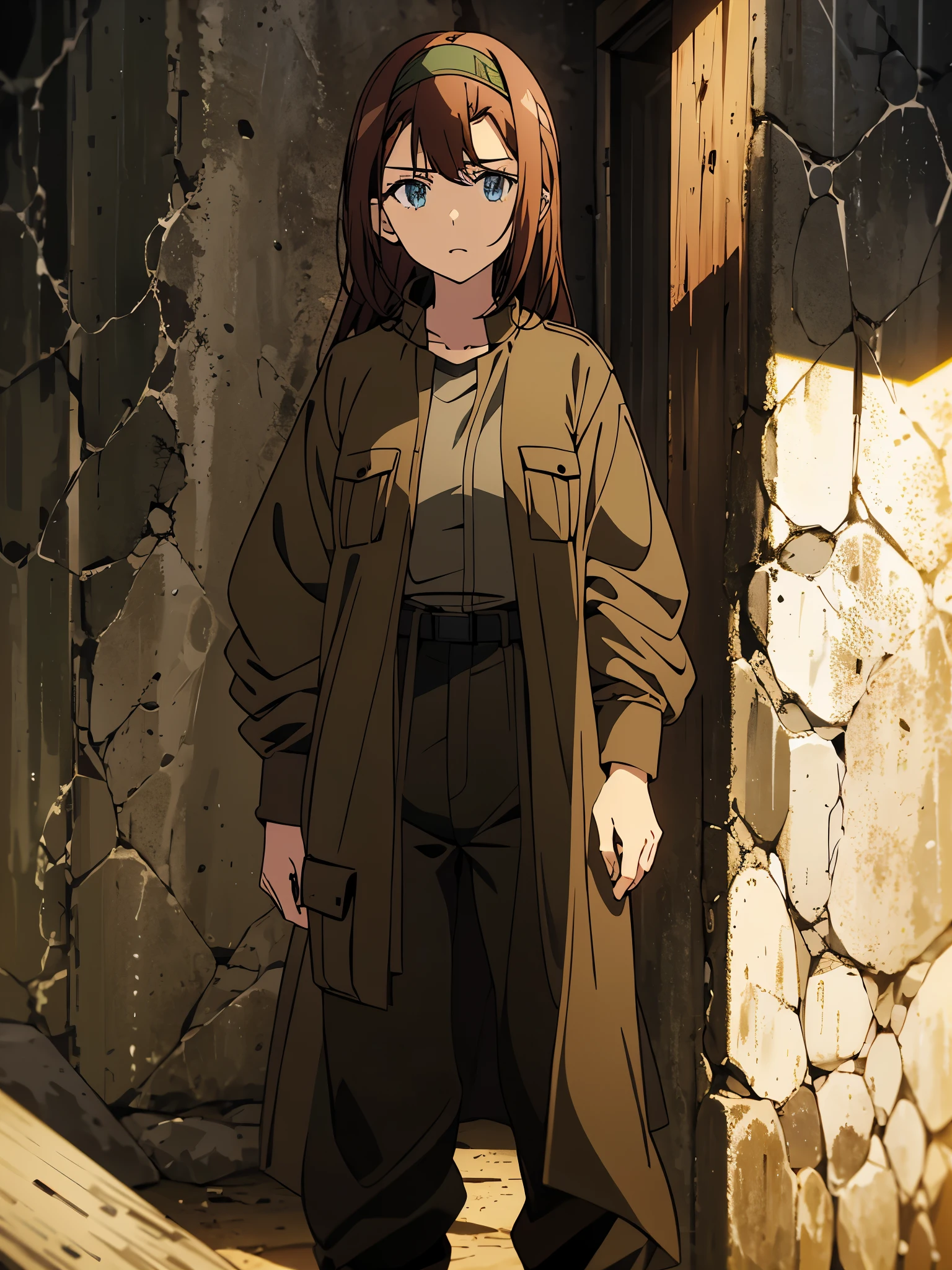 score_9, score_8_up, score_7_up, 8k, Highly Detailed, Masterpiece, source_anime, best quality, beautifully detailed eyes and beautifully detailed hair, 1girl, solo, Anime-style character illustration set against a solid black background. The character is a young woman with fair skin, long reddish-brown hair, and green eyes. She is wearing a green headband, a light grey long-sleeve shirt, and a brown utility vest with multiple pockets. Her outfit includes brown cargo pants with black straps and black combat boots. The character's facial expression is neutral, and she stands with one hand resting on her hip, exuding a confident and composed demeanor, background is arbitrary