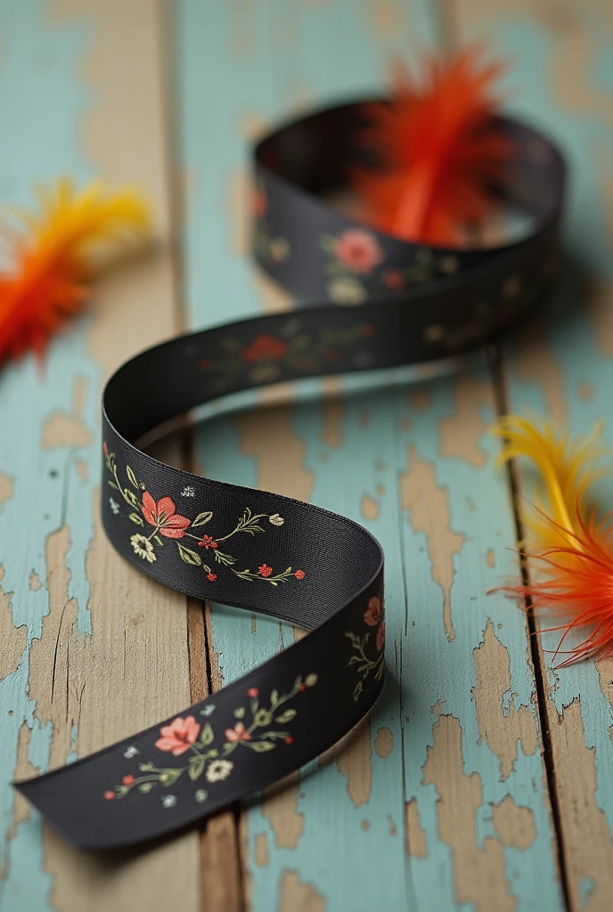 Thin, small black ribbon with drawings of flowers and small red and yellow feathers, all of this on top of a deteriorated wooden table 