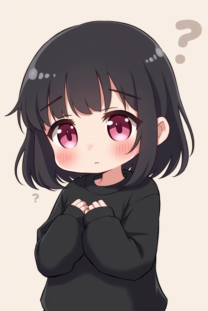medium black hair girl with bangs, pink eyes and black sweatshirt, chibi style, confused