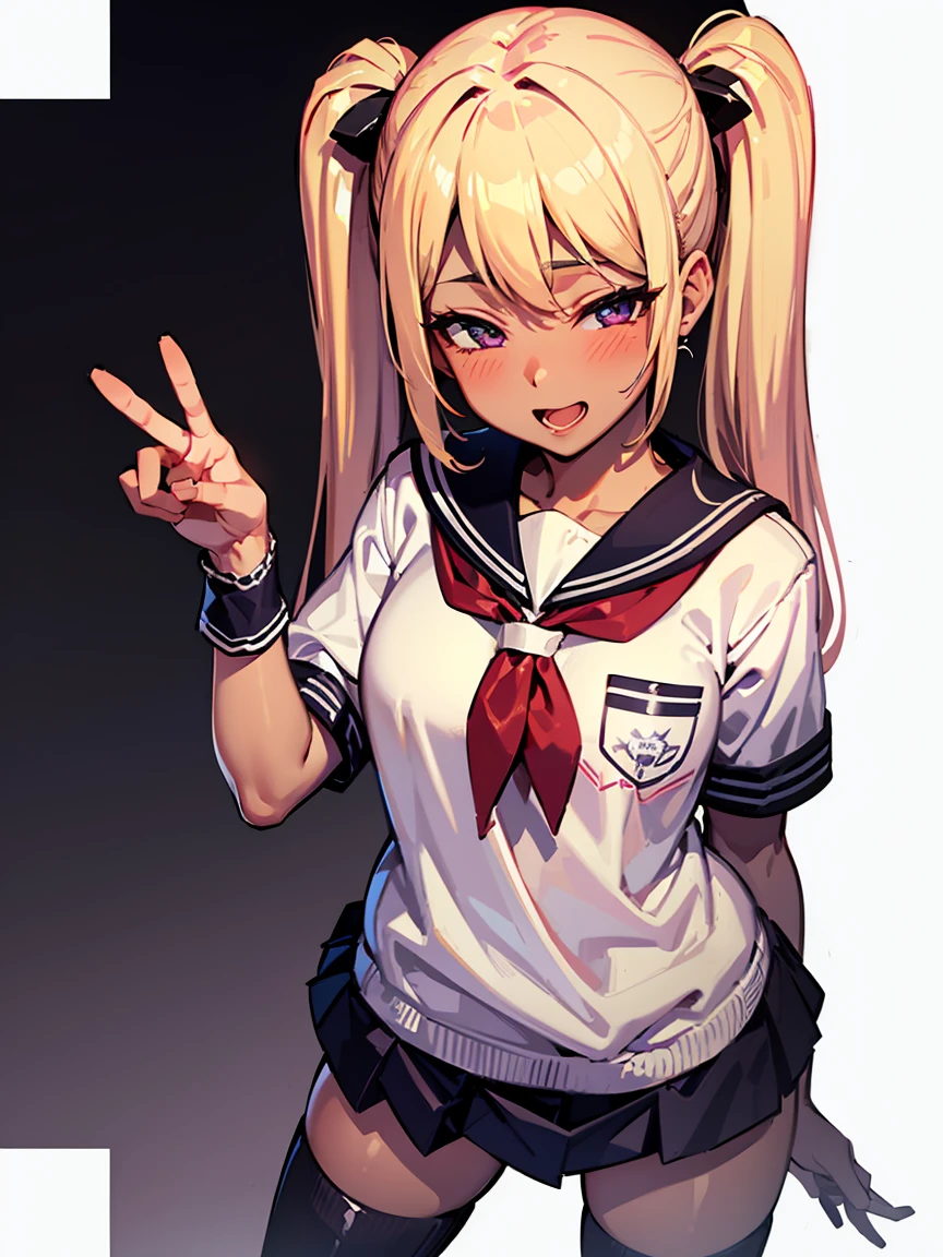 character sheet, Highly detailed and realistic CG, Colorful, Masterpiece, Best Quality, jewel-like eyes, 1girl, solo, blond hair, shiny hair, long twintails, drill hair, slender, skinny legs, white school uniform, layered skirt, luxury boots, violet eyes, small breasts, wavy hand, smirk, smile, jitome, half-closed eyes, standing, contrapposto, tsurime, monochrome background, open mouth, from pov, best quality eyes, upper teeth, loose socks in boots, tsundere, stylish pose, (dark skin:1.2),