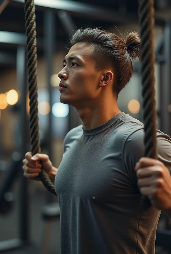 (photorealism:1.2), man in grey shirt, short hair on the side, Long hair, seeds, with a split in the middle and backwards, doing chest pulley exercise, with downward inclination, in gym, looking forward.