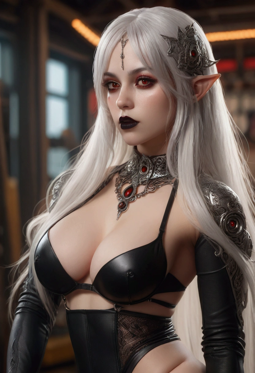 1 nude goth gym girl, long white hair, black lips, beautiful detailed red eyes, beautiful detailed lips, extremely detailed face, long eyelashes, asmr, elf, realistic, hyper detailed, intricate details, digital painting, masterpiece, 8k, ultra-detailed, photorealistic, cinematic lighting, warm color palette, soft lighting, natural lighting, serene atmosphere, goth makeup, big oiled breasts, high heels, ripped black stockings, very thick thighs, very wide hips, slim body, showing ass, big round ass, looking at camera, small waist, cyberpunk