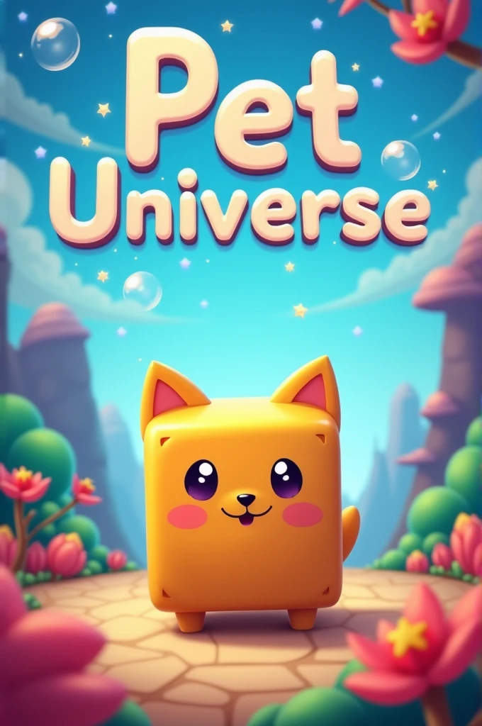 Create a cover for a pet simulator roblox game in format 1.1 with a square pet in the pet simulator with a written phrase pet universe