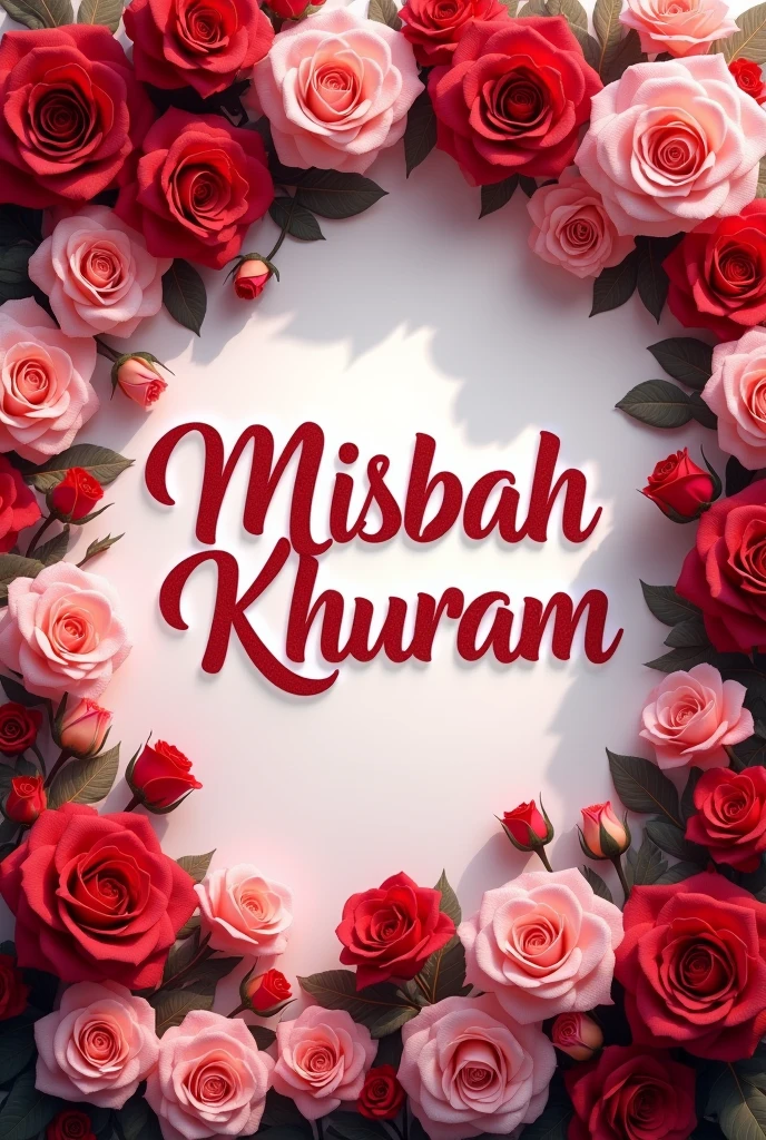 A wall filled with red and pink rose written on the top Misbah khuram in lovely fonts