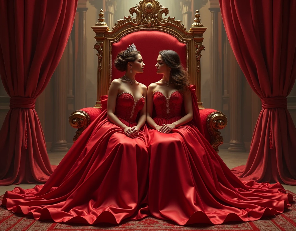 highest quality, masterpiece, highest resolution, artwork, super それにget used to it, many get used to it, get used to it, それにget used to it,love,romantic,two queens,two queen kissing each of their partners,((red satin elegant luxurious dresses)),red satin evening dresses,((Gorgeous queen rococo robe satin dress with voluminous extra-length hoop skirt)), ((extra long red dress skirt covers the floor of the throne room)),long sleeve dress,A dress with full silk fabric,luxury,((Palace full red satin throne room)),((huge satin throne)),((wide view throne room)),Frilled silk red throne,satin pillow with frills,((Two queens sitting on the satin throne fabric)),luxurious ruffled red curtains