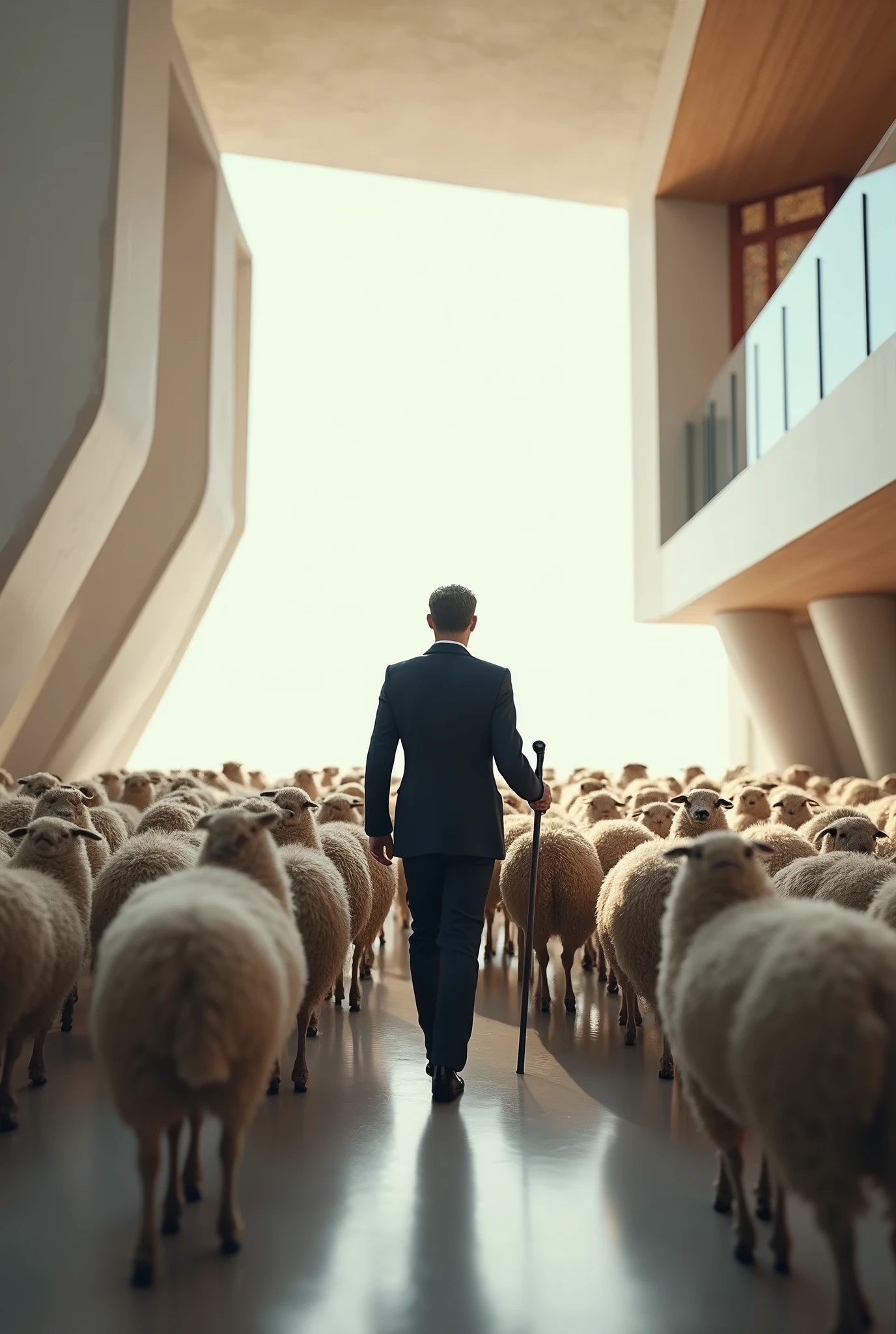 Create an image of a pastor in a suit in an evangelical church, herding sheep in a very modern place, with modern architecture