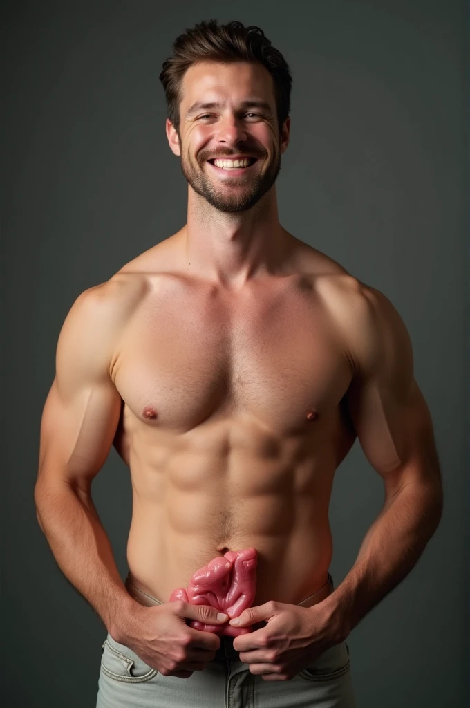 A strong ????? white man with a large size sample ??????? organ with a smile on his face