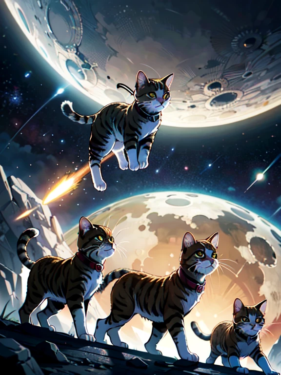 rich in details and textures, depth of field, cinematic lighting, detailed outfit, ((top quality)),(ultra-detailed),
Space cat, moving through space, moving from planet to planet, the goal is to invade a planet,
The mother ship is a super giant feline transport, kittens are ejected from the mother ship to form a ranger group, they are invaders, cute looking but rabid, top class on the list of creatures to watch out for, view from side, Looking far ahead,In pitch-dark space, a small planet can be seen in the far distance,
starrystarscloudcolorful,more_details:-1, more_details:0, more_details:0.5, more_details:1, more_details:1.5