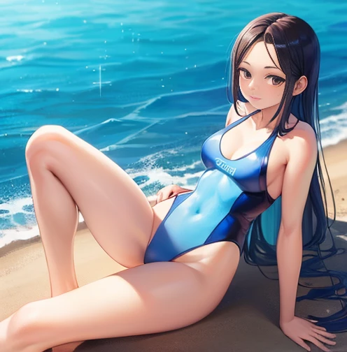 Sexy girl in one piece swimsuit with V-shaped monokini thong full body
