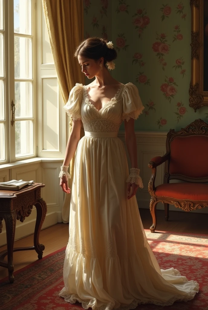 a high society lady from the 1800s breathing a sigh of relief