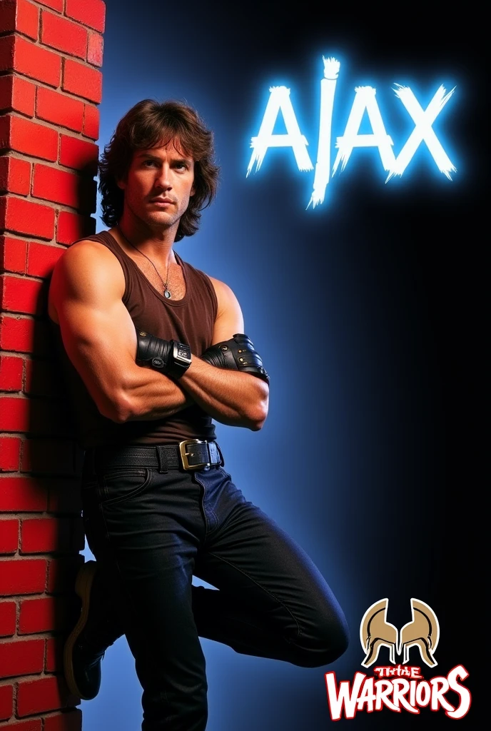 film The Warriors 1979 Stylized poster featuring a man (James Remar) leaning against a red brick wall. The man has white skin, shoulder-length hair and a dark gigachad face with a serious expression. He is wearing a sleeveless brown leather vest, classic retro black genuine leather gloves, middle finger gloves, a black belt with a large buckle and dark pants. His arms are crossed with his foot resting on the wall. The background is a dark blue to black gradient, transitioning into the red brick wall. The word 'AJAX' is displayed in bright blue neon letters in the top right corner. In the bottom right corner, there is a two Spartan helmet logo with the text 'The Warriors' in graffiti style font.