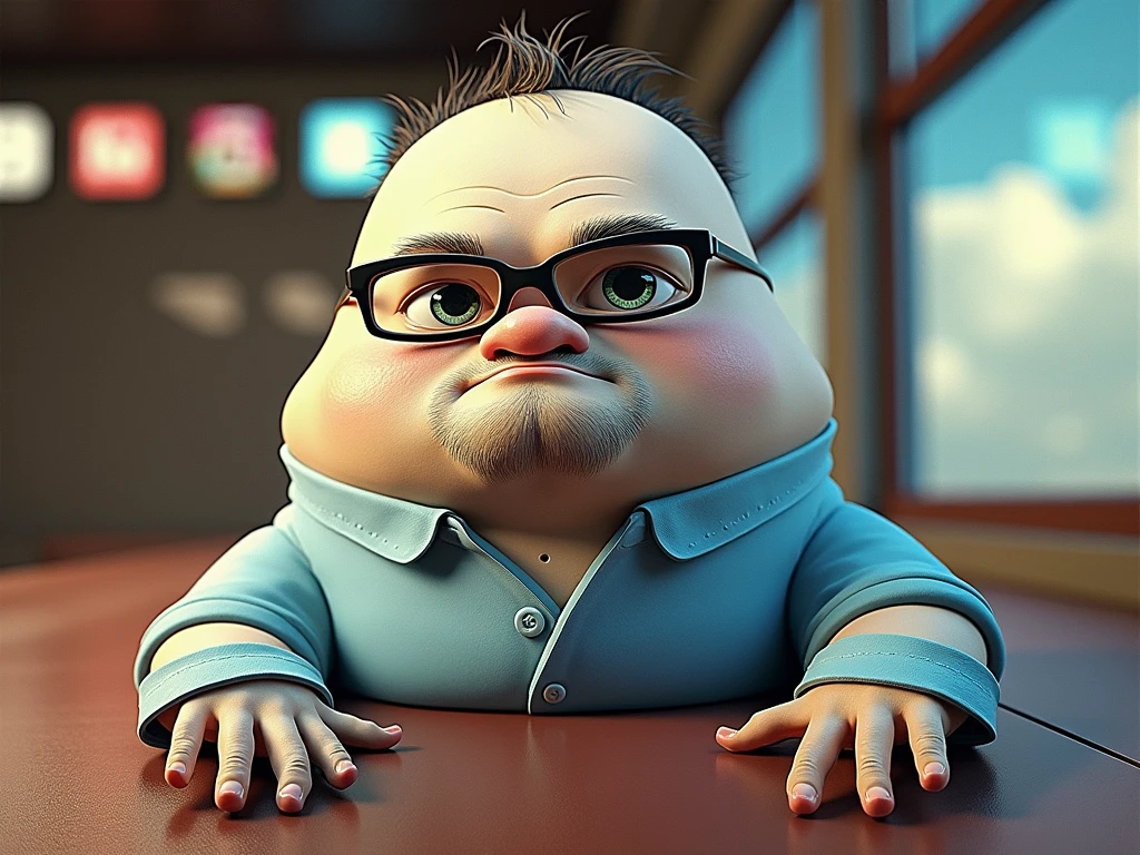 Cartoon character of a man in black glasses and blue shirt, an animated character, stylized character, animation style rendering, 3d stylized, Arnold Maya rendering, Stylized 3D rendering, toon render screenshot, 3d character, 3d character, Stylized 3D rendering, 3D character rendering, cartoon character, Personagem de close up, character posing, (Pixar-style) (master part:1.2) (bokeh) (best qualityer) (skin detailed) (detailed texture) (8k) (Argilla) (cinematic lighting) (sharp focus，Sit down and lift your upper body