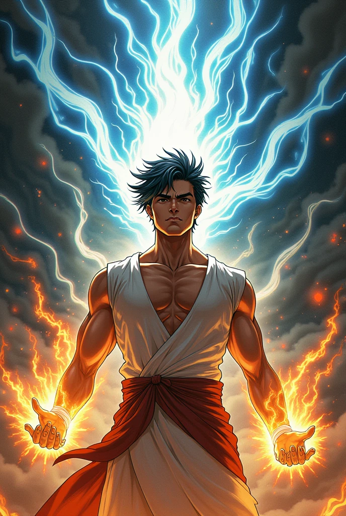 A man with warm brown skin, short black hair, thick eyebrows, almond-shaped dark eyes, a straight nose, full lips. He has a strong jawline and a serious, confident expression. jojo's bizarre adventure background effect with inner spiritual power into a Stand 