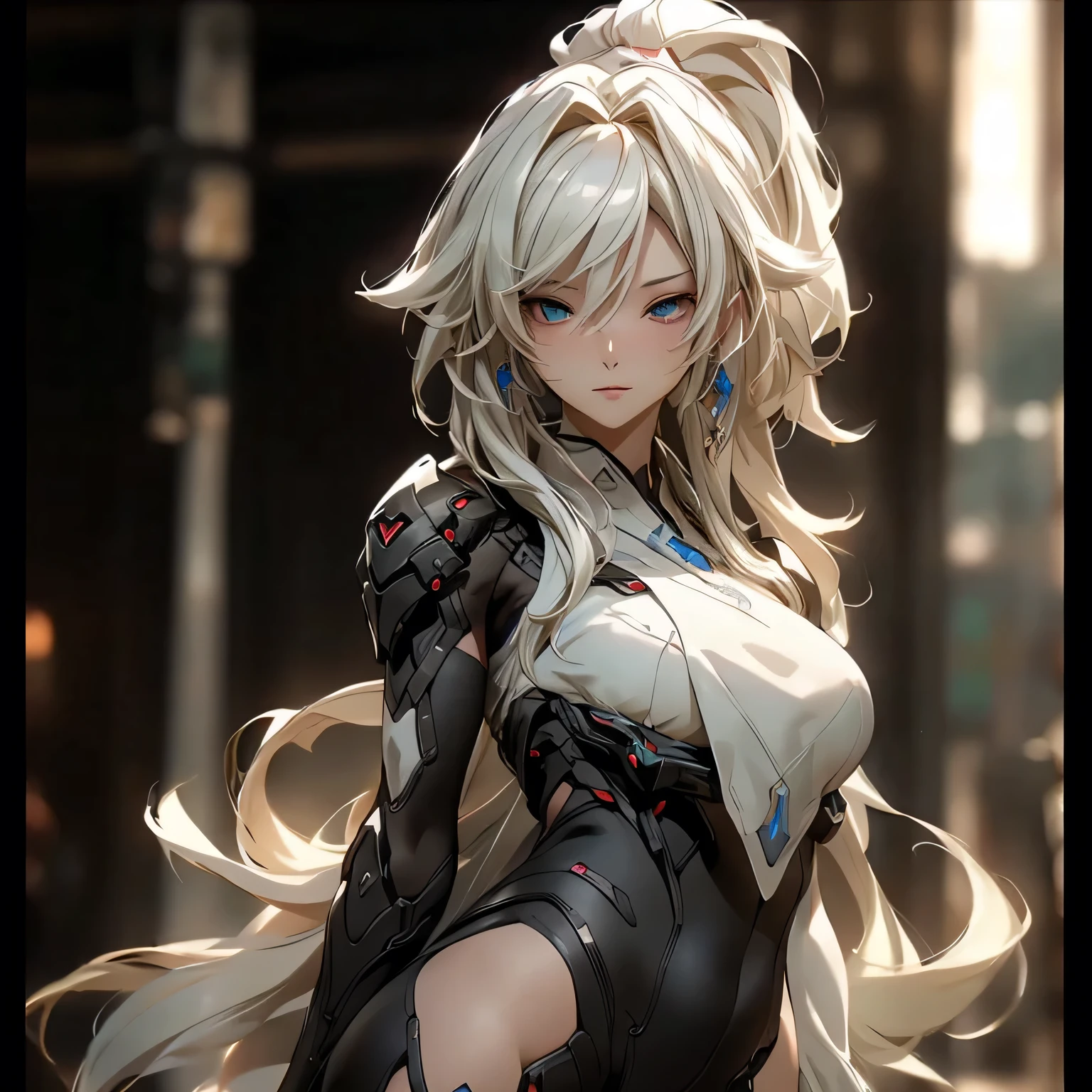 (best quality)), ((Masterpiece)), (details:1.4), 3d, HDR (high dynamic range), an image of a beautiful cyberpunk female, cyberpunk, Hips up, Blonde hair, High ponytail, White eyes, จมูกโด่ง, ปากแดง, หน้าอกใหญ่, nvidia RTX, PBR surface, After processing, Anisotropic filtration,depth of field, Maximum clarity and clarity, multi-layered surface, Subsurface scattering, perfect proportions, 8K raw files, ultra detailed, Perfect proportions, volumetric lighting, soft lighting, Holy Paladin, Heavy black Armor, glossy skin, chapel background, jewely, ต่างหู, นิ้วมือสมบูรณ์,